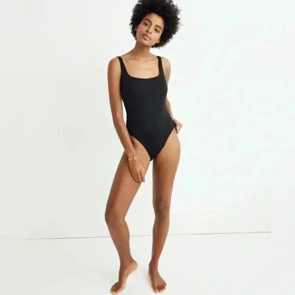 Madewell Second Wave Square Neck Tank One Piece Bathing Swimsuit Black M EUC - Picture 1 of 5